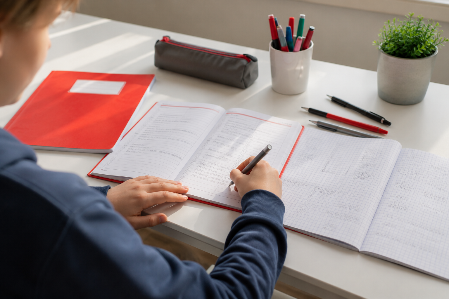 Schülerin oder Schüler arbeitet konzentriert mit Hausaufgabenheft und Schulheft