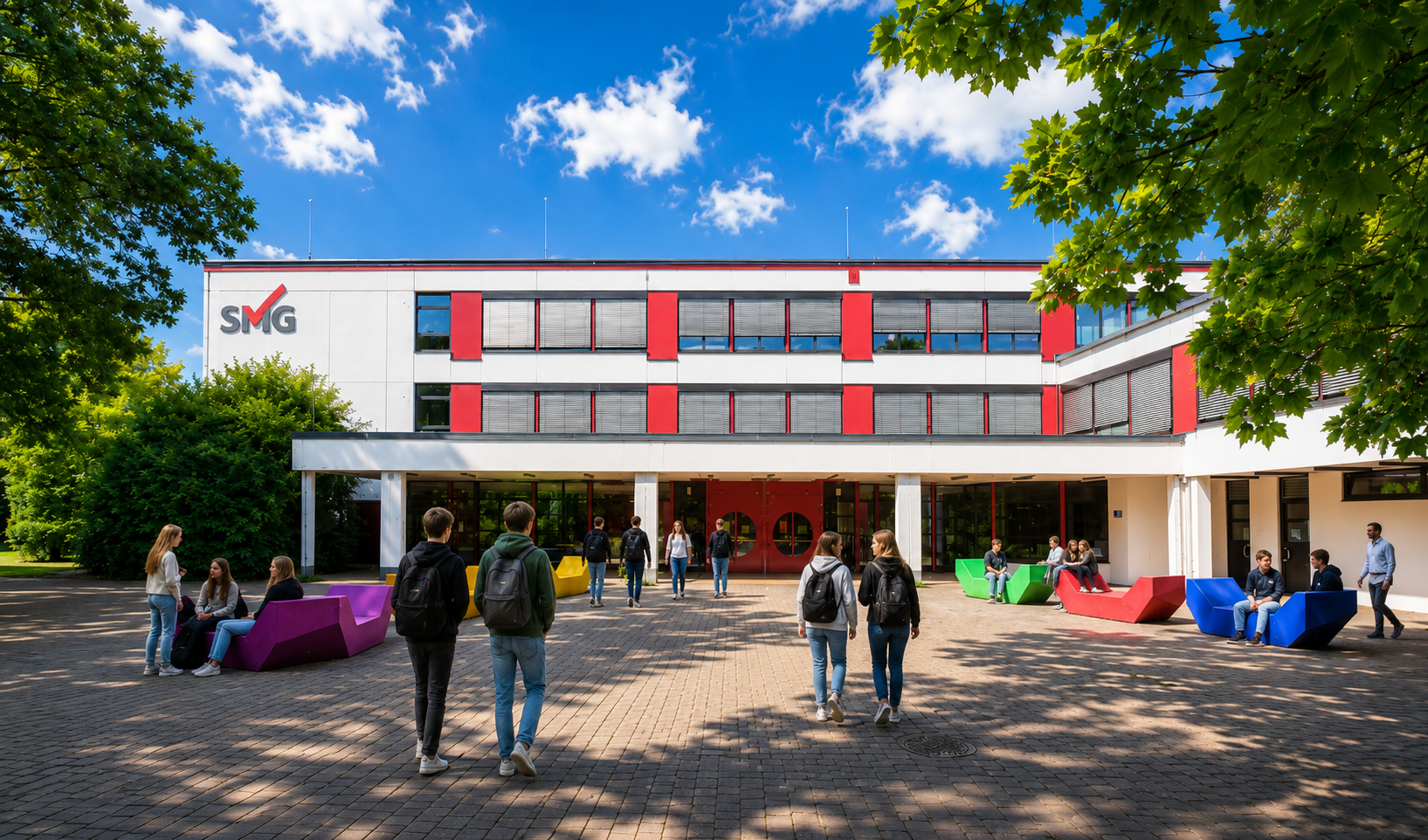 Städtisches Meerbusch-Gymnasium mit Schülerinnen und Schülern auf dem Schulhof