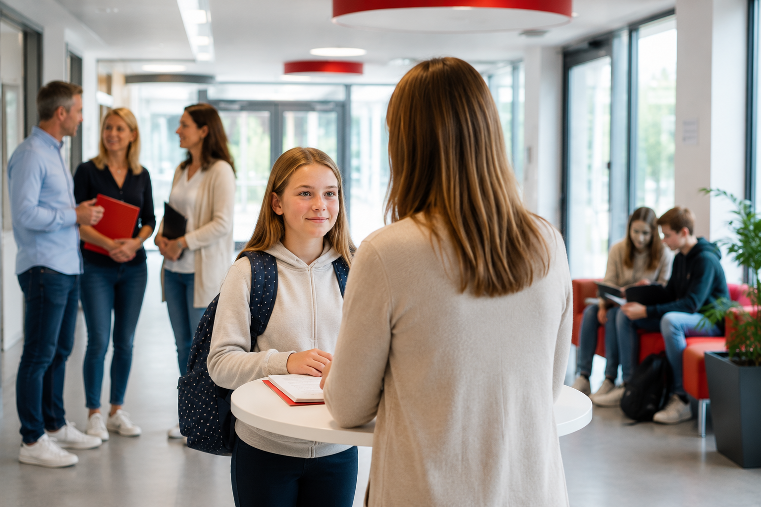 Schülerin im Gespräch mit einer Lehrkraft im Schulgebäude