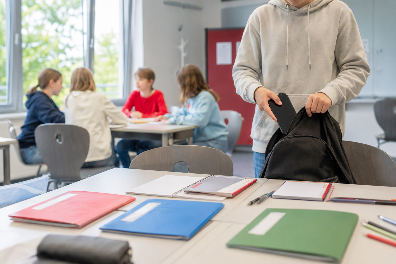 Schülerin oder Schüler verstaut ein Smartphone im Rucksack, während eine Lerngruppe gemeinsam arbeitet