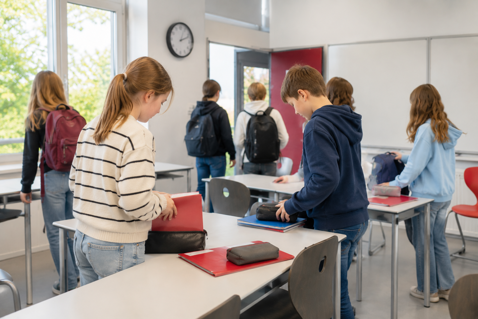 Schülerinnen und Schüler bereiten beim Stundenwechsel ihre Materialien vor